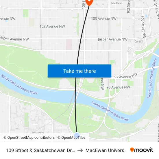 109 Street & Saskatchewan Drive to MacEwan University map