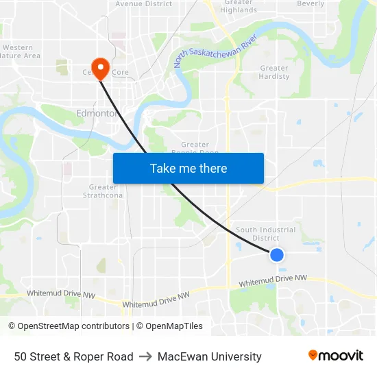 50 Street & Roper Road to MacEwan University map