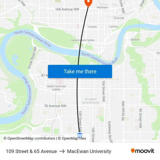 109 Street & 65 Avenue to MacEwan University map