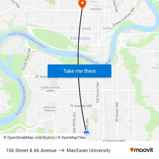 106 Street & 66 Avenue to MacEwan University map