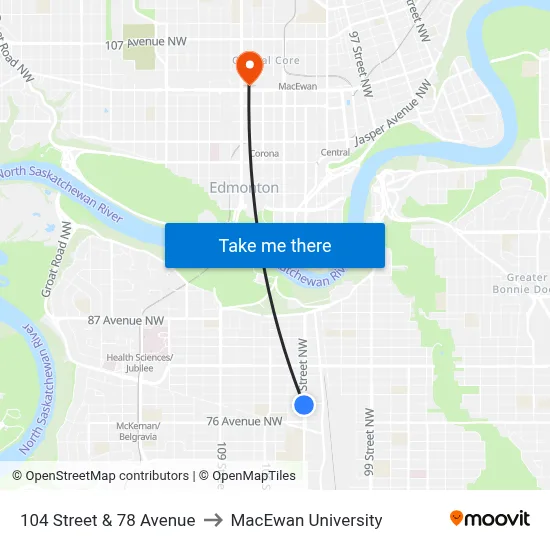 104 Street & 78 Avenue to MacEwan University map