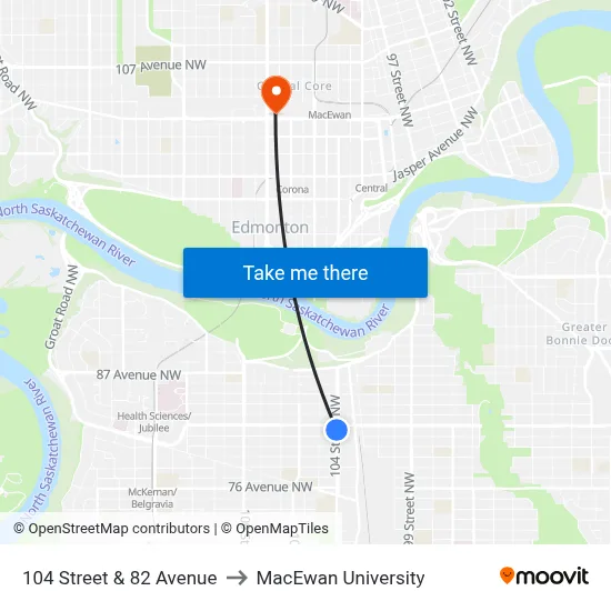104 Street & 82 Avenue to MacEwan University map