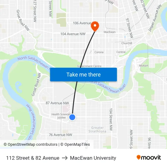 112 Street & 82 Avenue to MacEwan University map