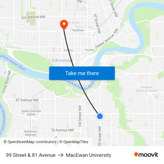 99 Street & 81 Avenue to MacEwan University map