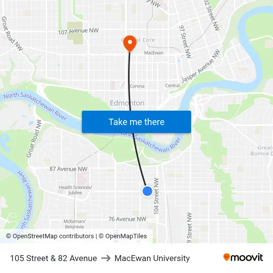 105 Street & 82 Avenue to MacEwan University map