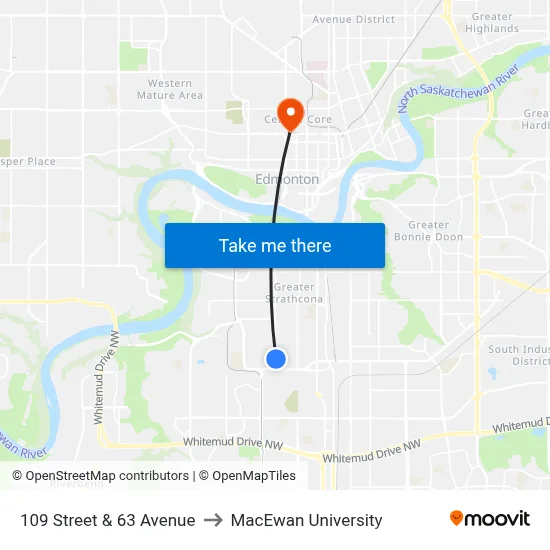 109 Street & 63 Avenue to MacEwan University map