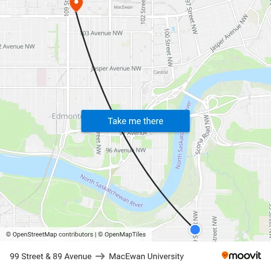 99 Street & 89 Avenue to MacEwan University map