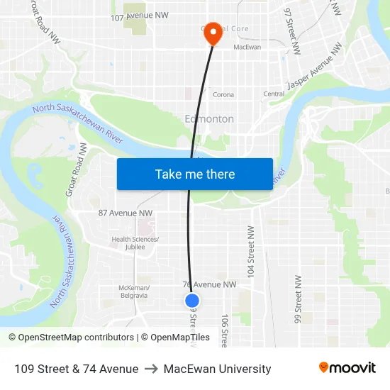 109 Street & 74 Avenue to MacEwan University map