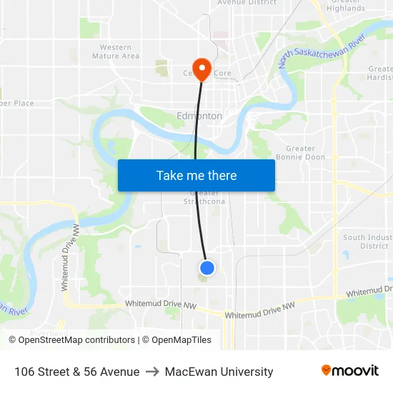 106 Street & 56 Avenue to MacEwan University map