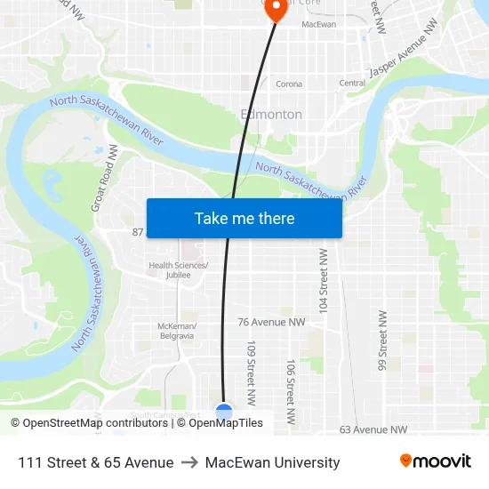 111 Street & 65 Avenue to MacEwan University map