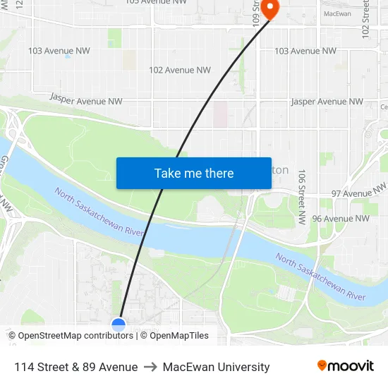 114 Street & 89 Avenue to MacEwan University map