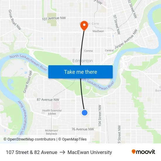 107 Street & 82 Avenue to MacEwan University map