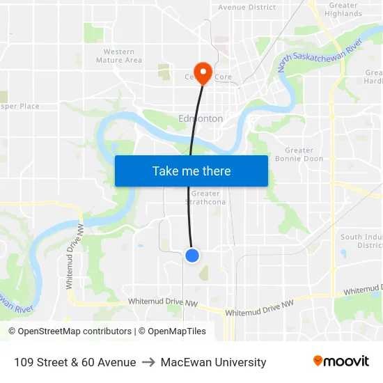109 Street & 60 Avenue to MacEwan University map