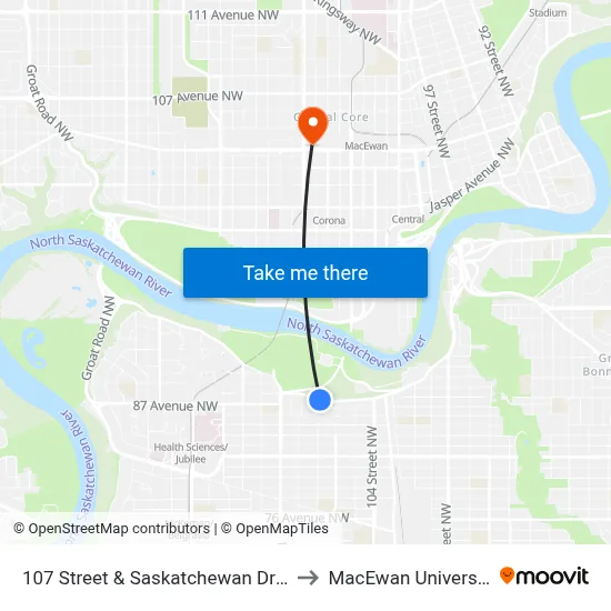 107 Street & Saskatchewan Drive to MacEwan University map