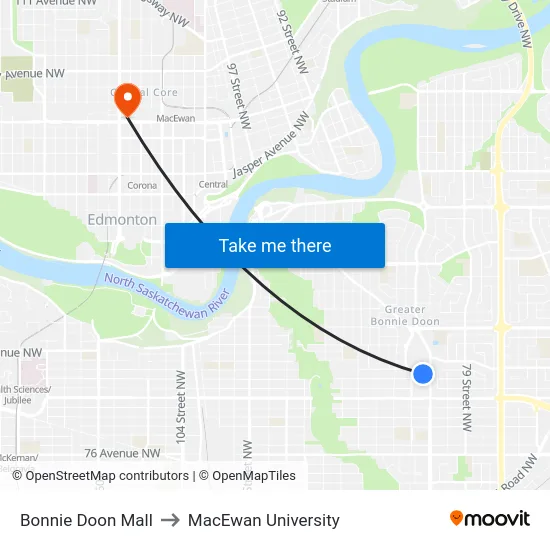 Bonnie Doon Mall to MacEwan University map