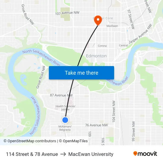 114 Street & 78 Avenue to MacEwan University map