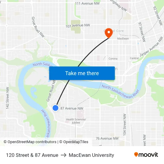 120 Street & 87 Avenue to MacEwan University map