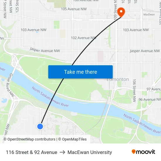 116 Street & 92 Avenue to MacEwan University map