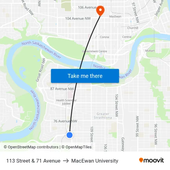 113 Street & 71 Avenue to MacEwan University map