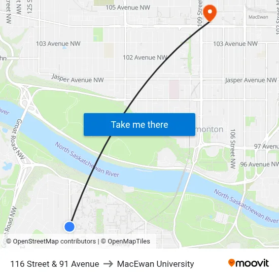 116 Street & 91 Avenue to MacEwan University map