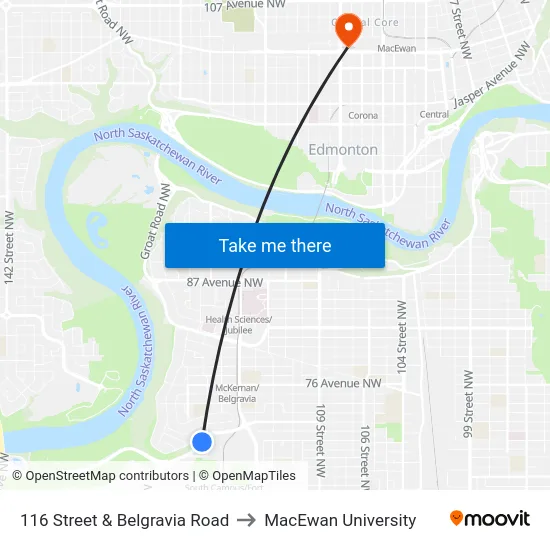 116 Street & Belgravia Road to MacEwan University map