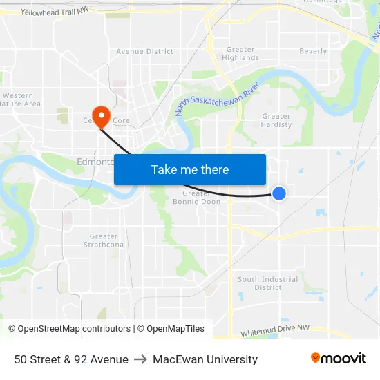 50 Street & 92 Avenue to MacEwan University map