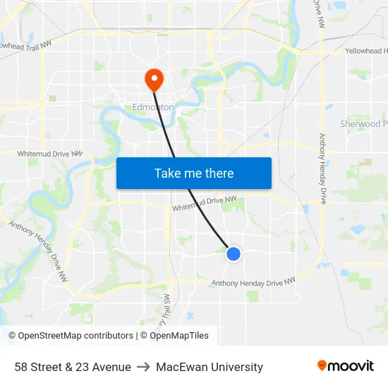 58 Street & 23 Avenue to MacEwan University map