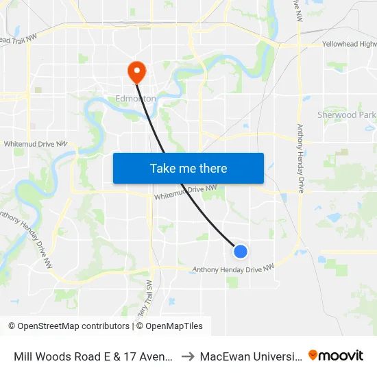 Mill Woods Road E & 17 Avenue to MacEwan University map