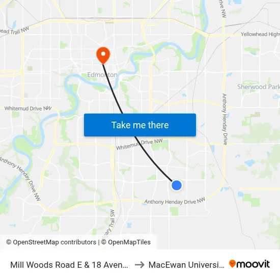 Mill Woods Road E & 18 Avenue to MacEwan University map