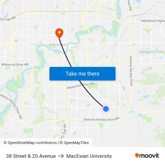 38 Street & 20 Avenue to MacEwan University map