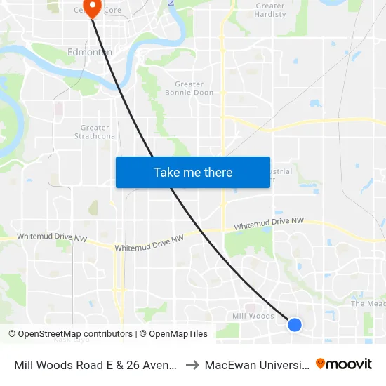 Mill Woods Road E & 26 Avenue to MacEwan University map