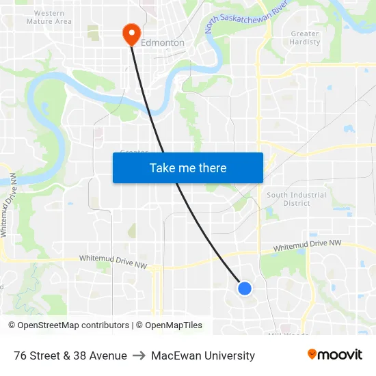 76 Street & 38 Avenue to MacEwan University map