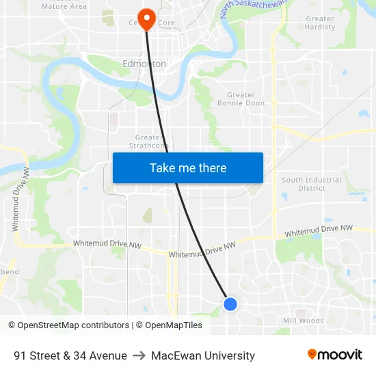 91 Street & 34 Avenue to MacEwan University map