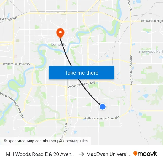 Mill Woods Road E & 20 Avenue to MacEwan University map