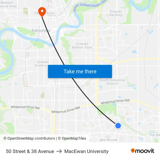 50 Street & 38 Avenue to MacEwan University map
