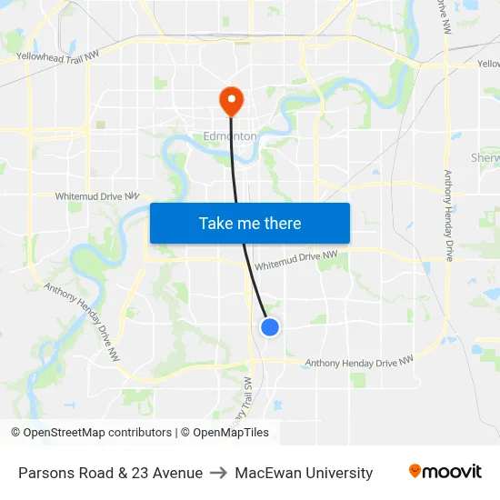 Parsons Road & 23 Avenue to MacEwan University map