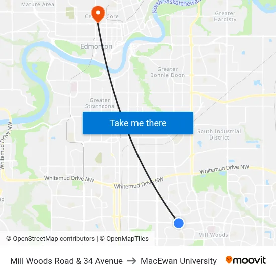 Mill Woods Road & 34 Avenue to MacEwan University map