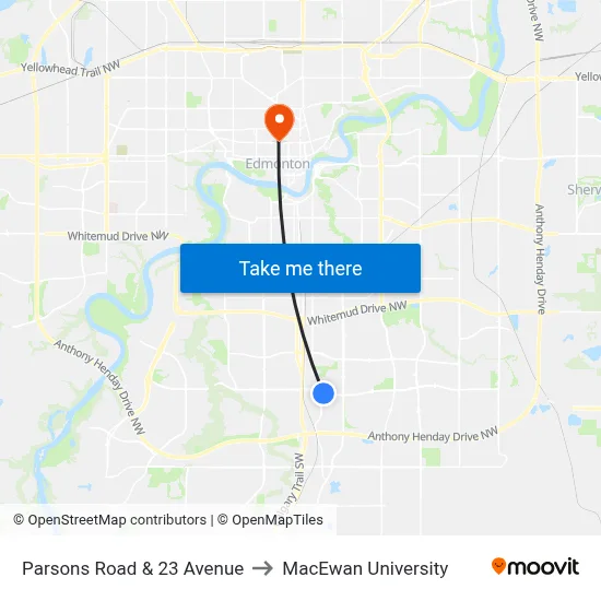 Parsons Road & 23 Avenue to MacEwan University map