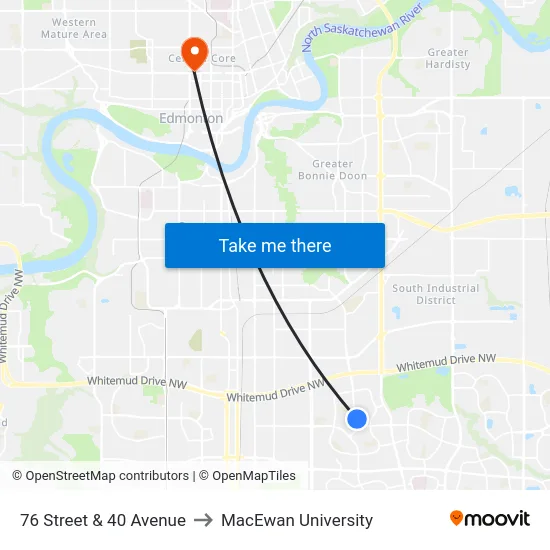 76 Street & 40 Avenue to MacEwan University map