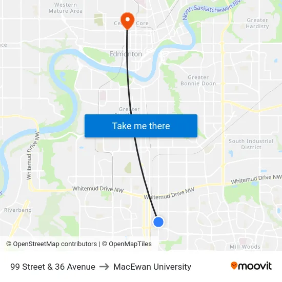 99 Street & 36 Avenue to MacEwan University map