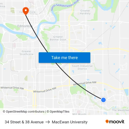 34 Street & 38 Avenue to MacEwan University map