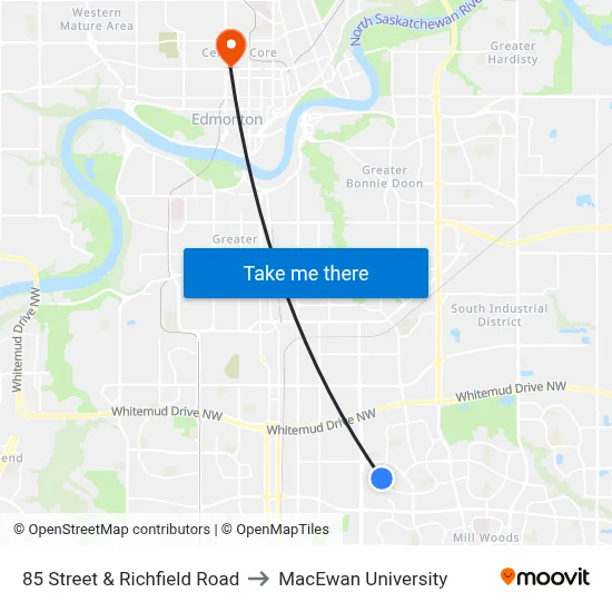85 Street & Richfield Road to MacEwan University map