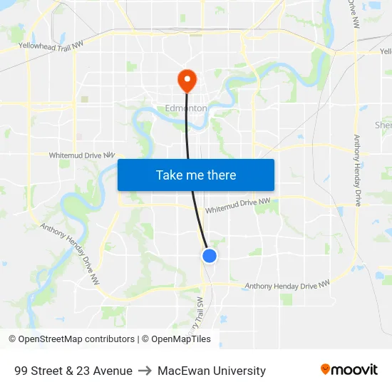 99 Street & 23 Avenue to MacEwan University map