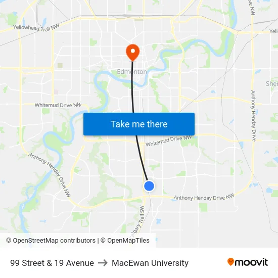 99 Street & 19 Avenue to MacEwan University map