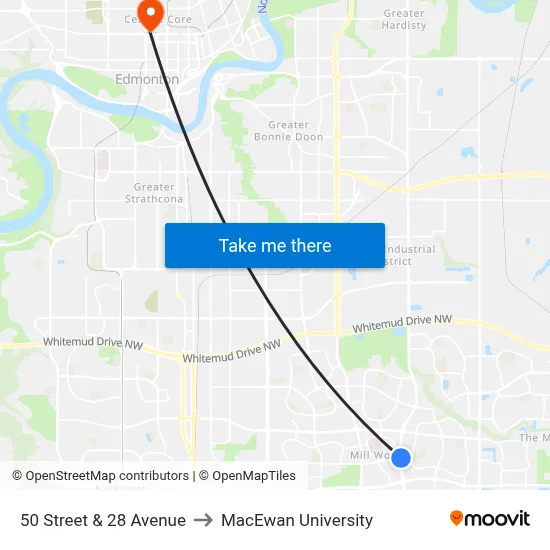 50 Street & 28 Avenue to MacEwan University map