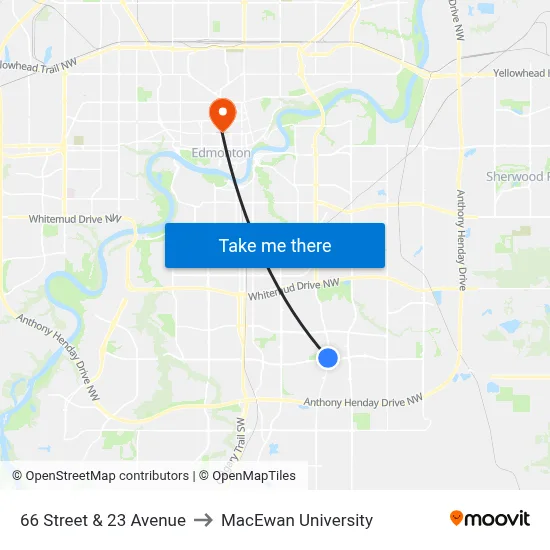 66 Street & 23 Avenue to MacEwan University map