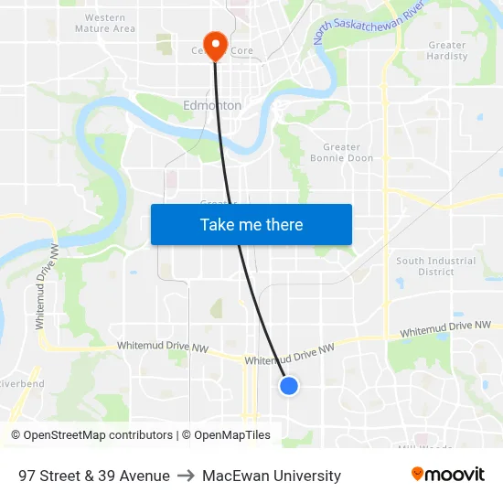 97 Street & 39 Avenue to MacEwan University map