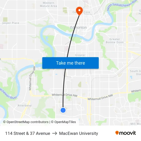 114 Street & 37 Avenue to MacEwan University map