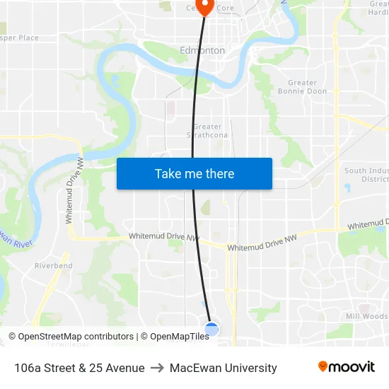 106a Street & 25 Avenue to MacEwan University map
