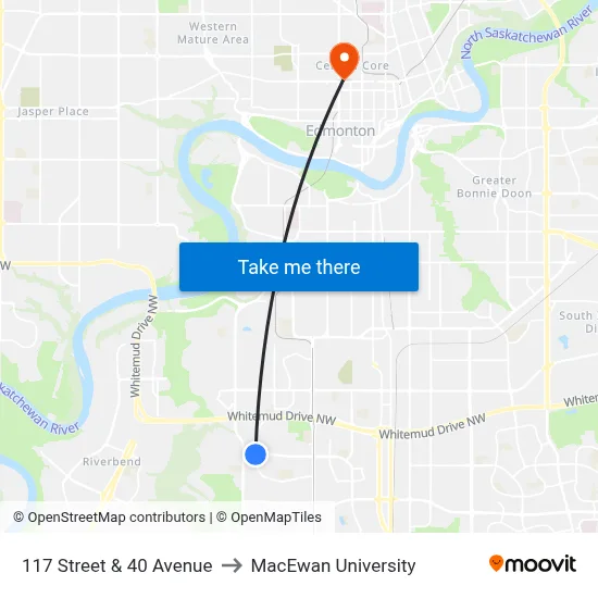 117 Street & 40 Avenue to MacEwan University map